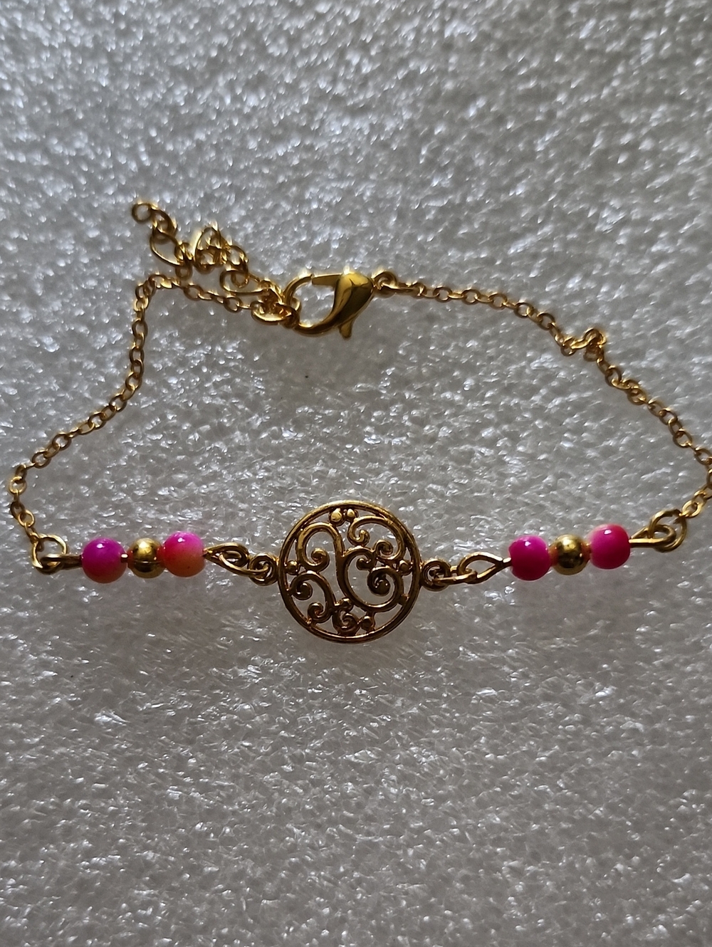 Hand Crafted Gold Filigree Bracelet / Anklet with Pink Beads